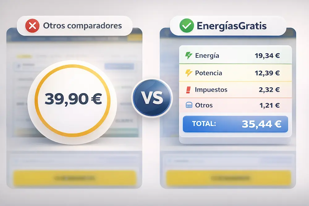 Desglose visual de potencia, energía, impuestos y otros costes en una comparación de tarifas